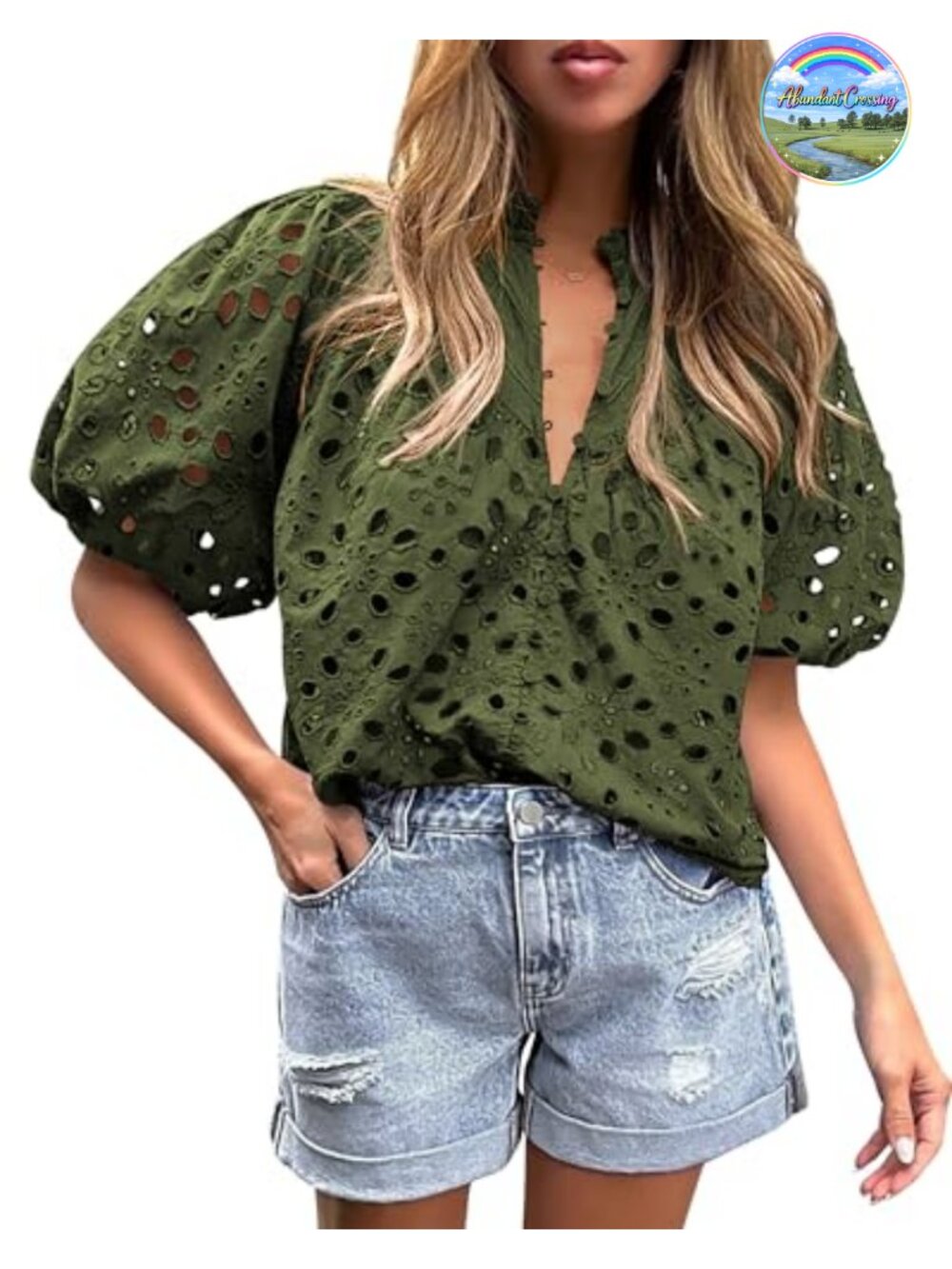 Womens Boho Eyelet Puff Sleeve Blouse Button V Neck Sheer Lined Top